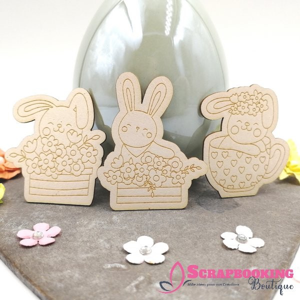 Lot de 3 chipboards lapins fleuris de Printemps SCRAPMOUSET