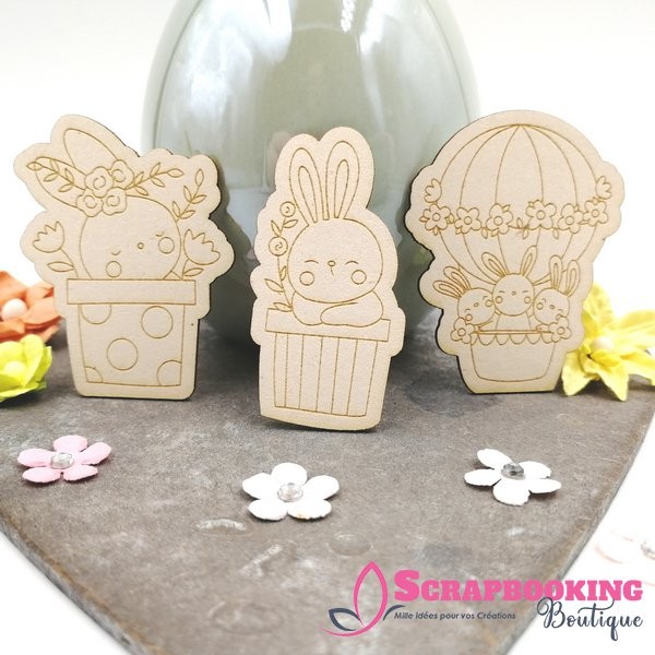 Lot de 3 chipboards lapins rigolos de Pâques en carton bois