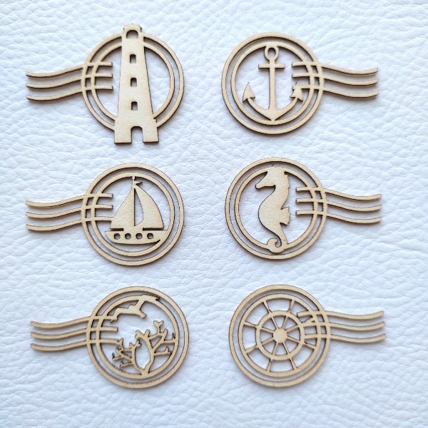 Lot de 6 timbres thème de la mer en carton bois SCRAPMOUSET