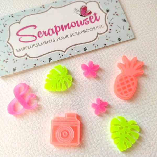 Lot 7 embellissements Eté Fun acrylique néon SCRAPMOUSET