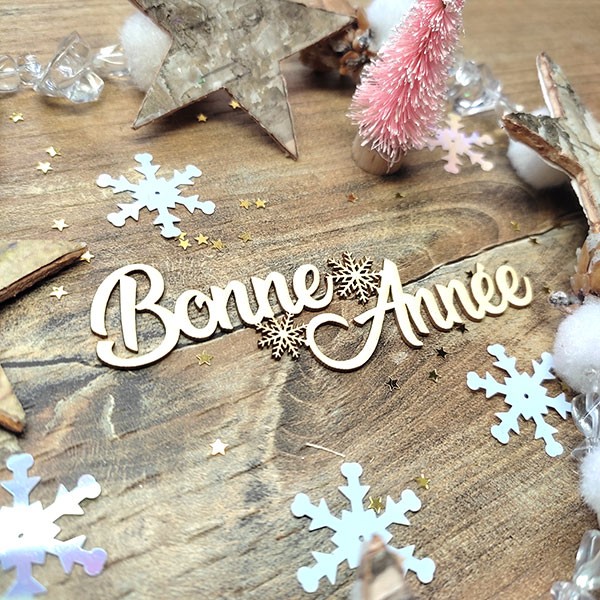 Mot Bonne année avec petits flocons de neige en carton bois SCRAPMOUSET