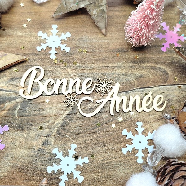 Mot Bonne année avec petits flocons de neige en carton bois SCRAPMOUSET