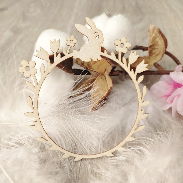 Cadre rond fleuri avec lapin en carton bois SCRAPMOUSET