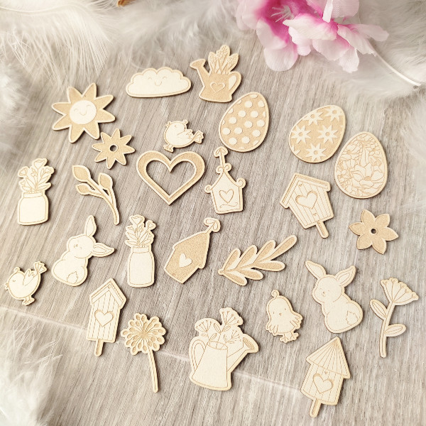 Lot 26 petits embellissements gravés thème Pâques et Printemps en carton bois SCRAPMOUSET