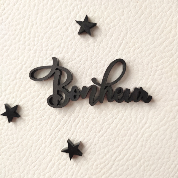 Mot Bonheur et ses 3 petites étoiles en acrylique noir mat SCRAPMOUSET