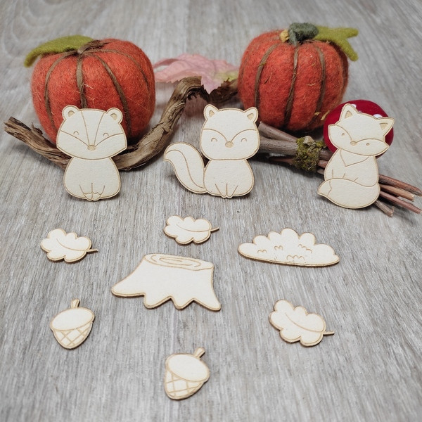 Lot 10 embellissements gravés animaux d'automne renard, écureuil et belette en carton bois SCRAPMOUSET