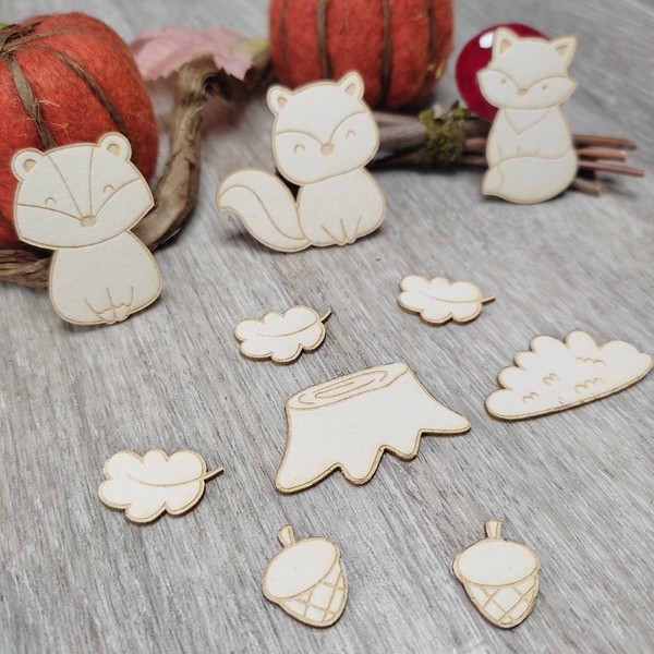 Lot 10 embellissements gravés animaux d'automne renard, écureuil et belette en carton bois SCRAPMOUSET