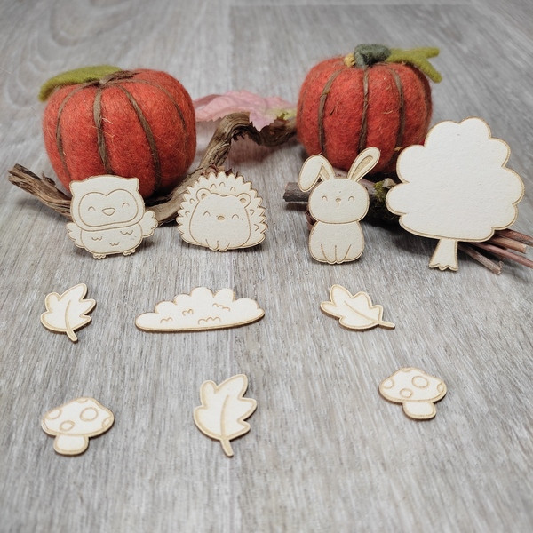 Lot 10 embellissements gravés animaux d'automne lapin, chouette et hérisson en carton bois SCRAPMOUSET