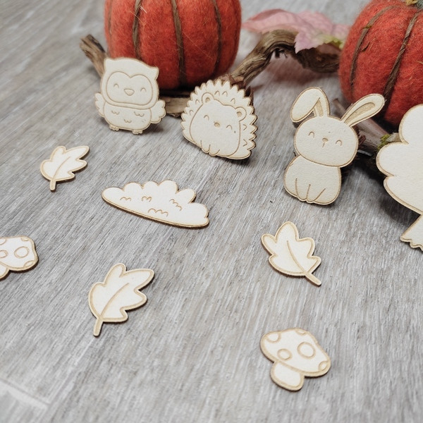 Lot 10 embellissements gravés animaux d'automne lapin, chouette et hérisson en carton bois SCRAPMOUSET