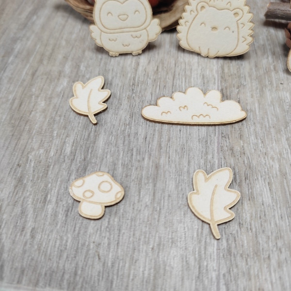 Lot 10 embellissements gravés animaux d'automne lapin, chouette et hérisson en carton bois SCRAPMOUSET
