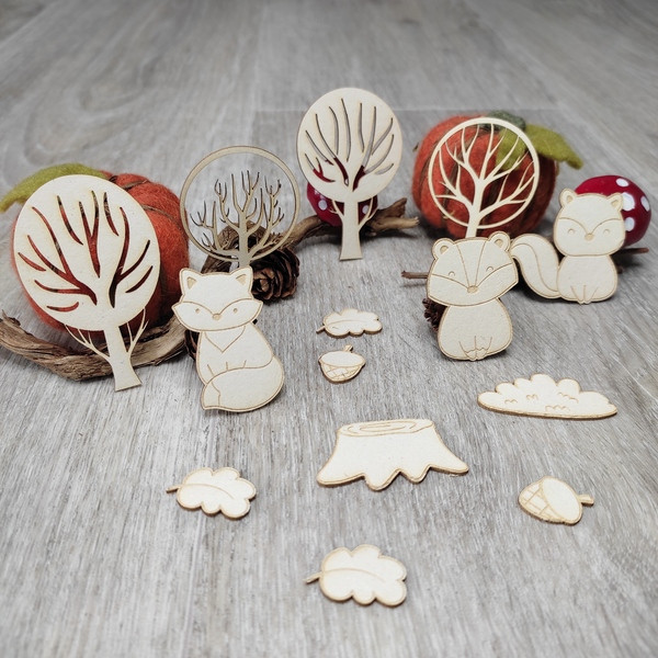 Pack embellissements Forêt enchantée écureuil, renard et belette en carton bois