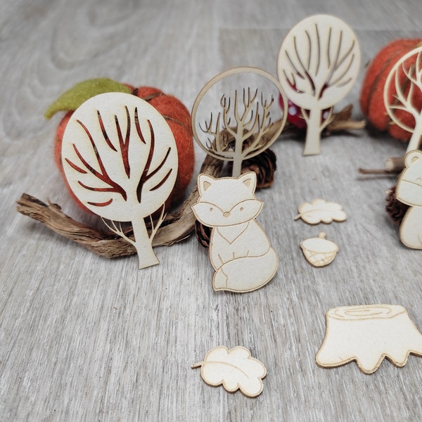 Pack embellissements Forêt enchantée écureuil, renard et belette en carton bois
