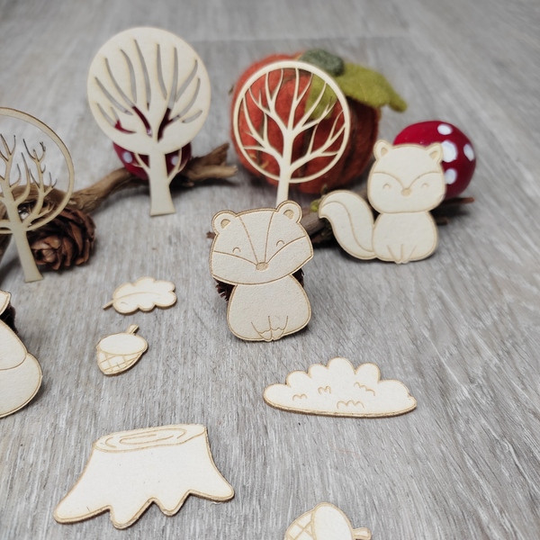 Pack embellissements Forêt enchantée écureuil, renard et belette en carton bois