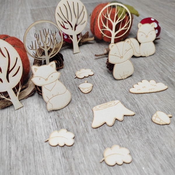 Pack embellissements Forêt enchantée écureuil, renard et belette en carton bois