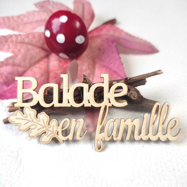 Mot Balade en famille avec feuille en carton bois SCRAPMOUSET