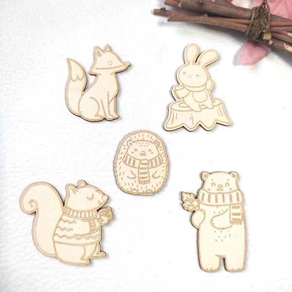 Lot 5 embellissements animaux d'automne en carton bois SCRAPMOUSET