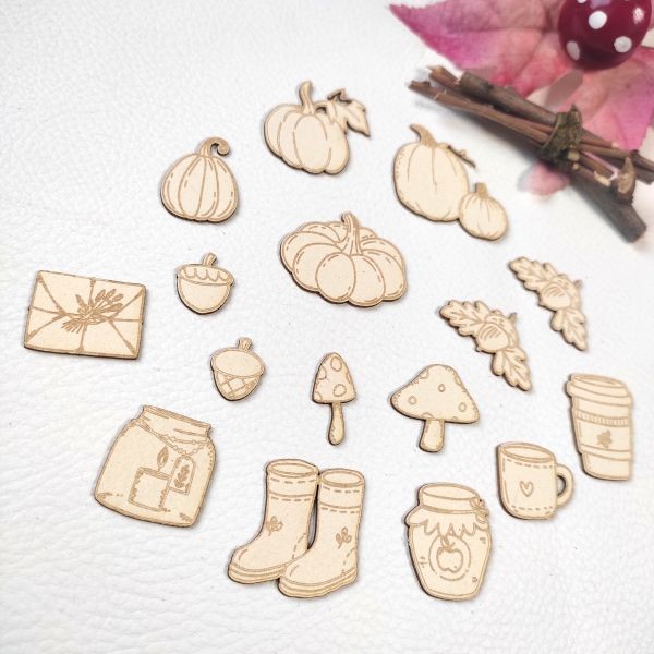 Lot 16 embellissements Ambiance automnale en carton bois SCRAPMOUSET