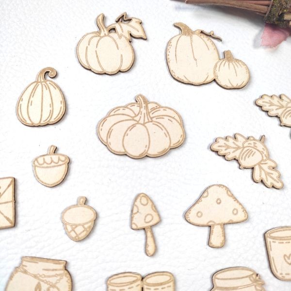 Lot 16 embellissements Ambiance automnale en carton bois SCRAPMOUSET
