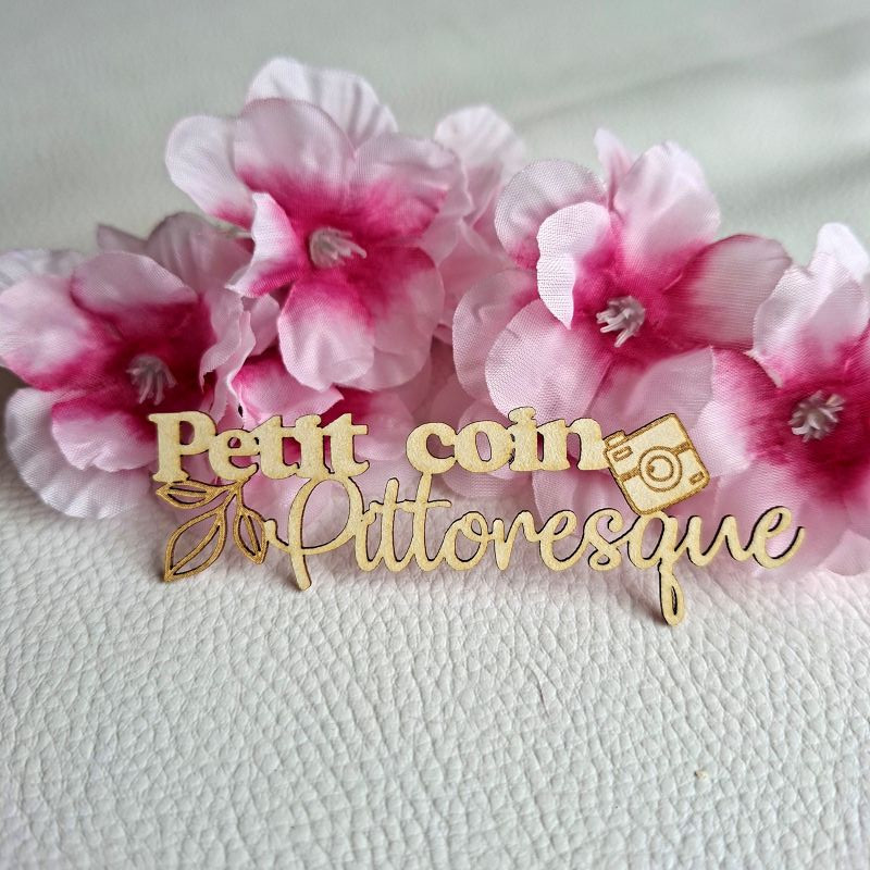 Mot Petit coin pittoresque feuille et appareil photo carton bois SCRAPMOUSET